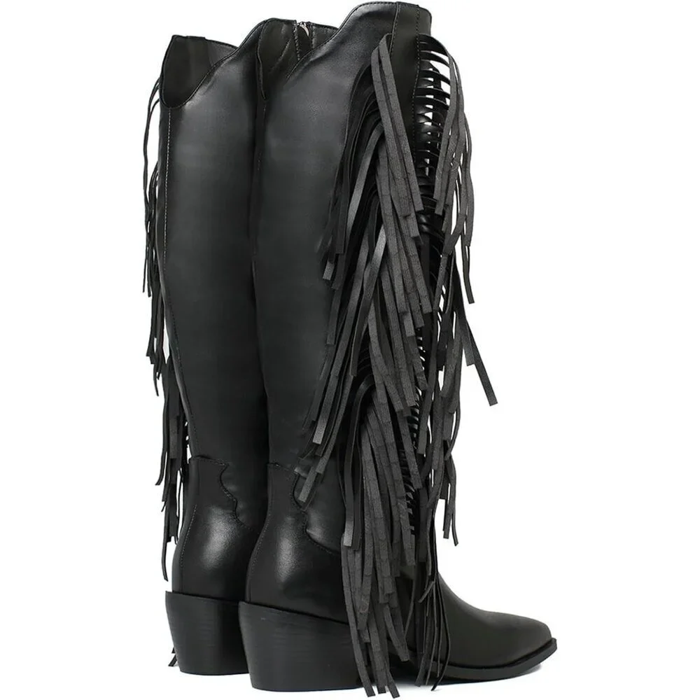 Women Black Synthetic Fringe Tassels Pointed Toe Knee High Western Cowgirl Boots